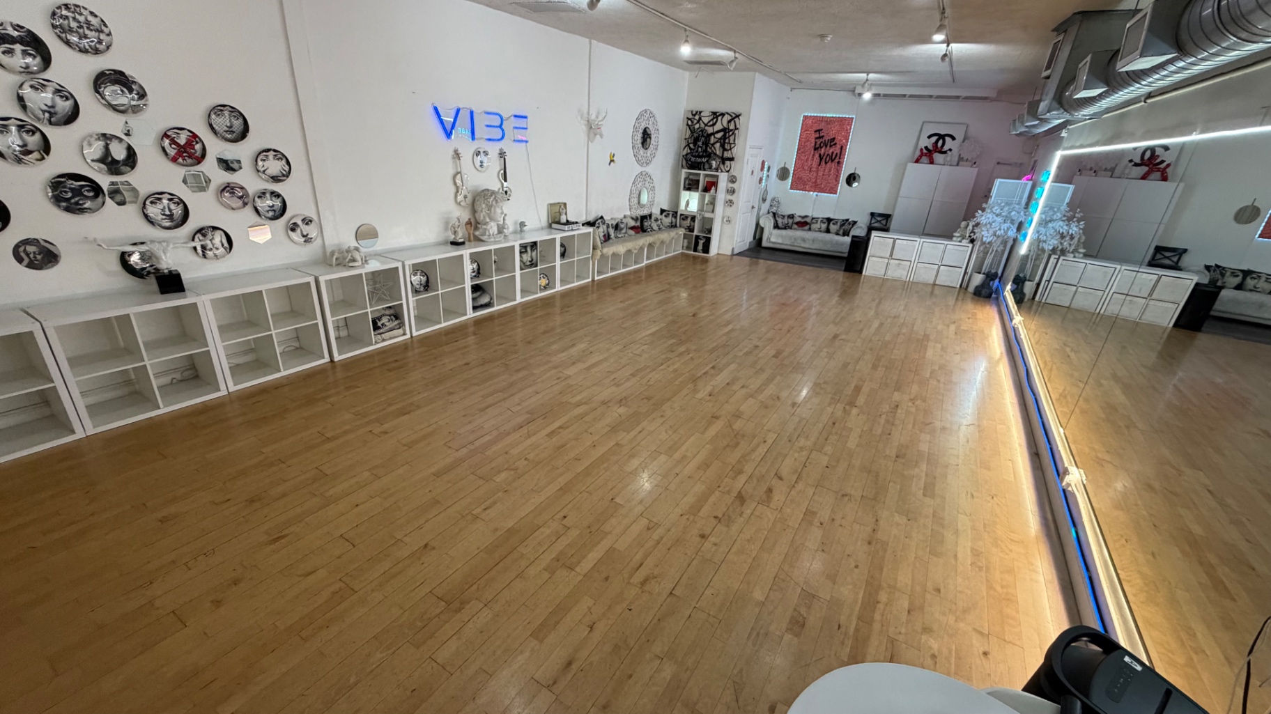 ViBE private dance studio with wooden dance floor and mirrored walls